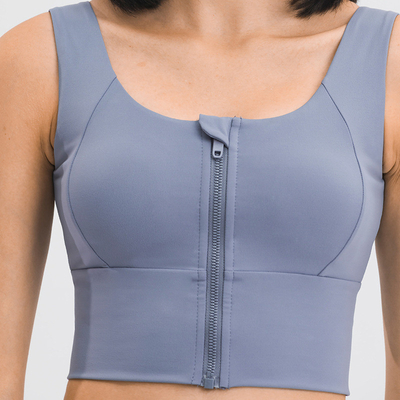 Blue Grey Gathered Women's Sports Bra Front Zip Shockproof Gym Running Fitness Crop Top